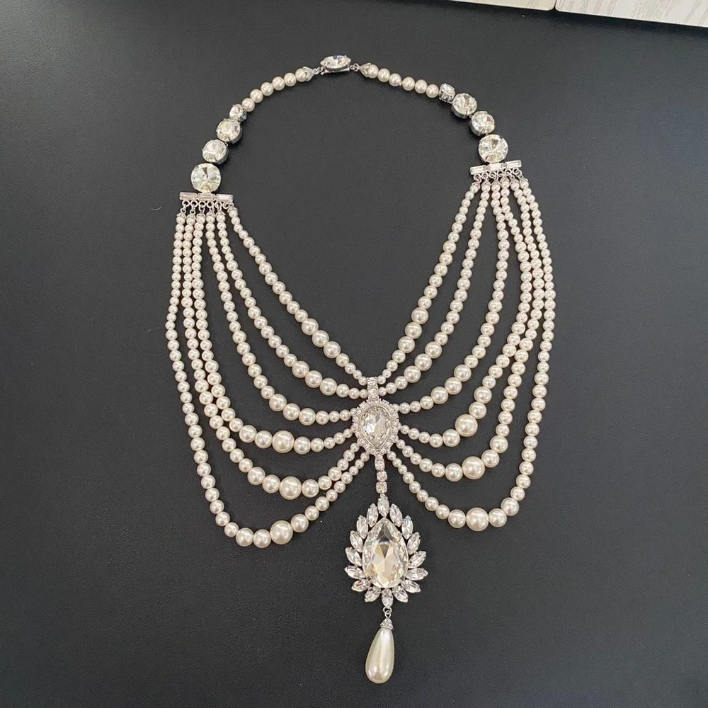 Alessandra Rich Ivory Pearl Multi-Strand Necklace with Crystal Drop